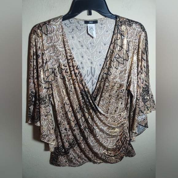 Vintage Y2K JBS Top Gold Pattern Glitter Cold Shoulder - Picture 10 of 16
